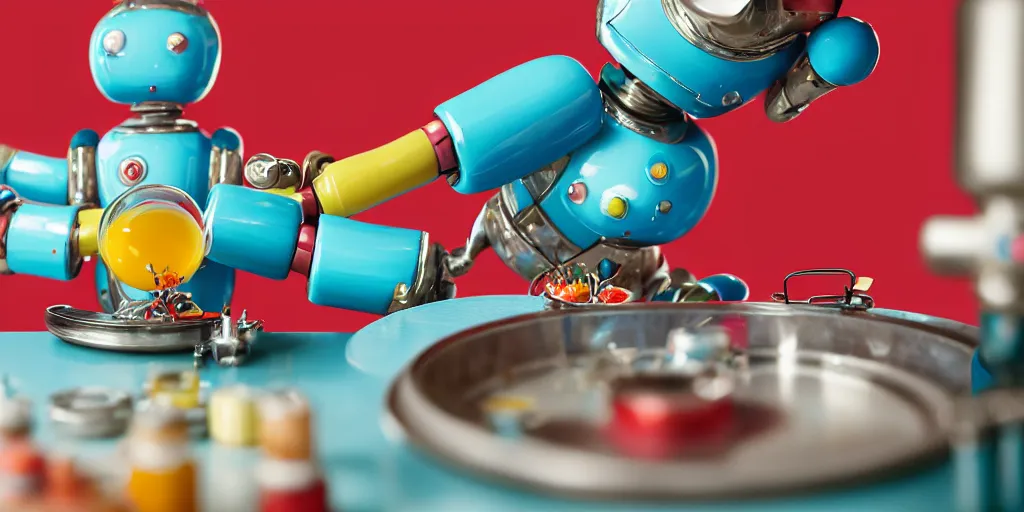 Prompt: closeup portrait of tin toy retro robot chef mixing colourful lab vials cooking pastry in a kitchen, depth of field, zeiss lens, detailed, centered, fashion photoshoot, by nicoletta ceccoli, mark ryden, lostfish, breathtaking, 8 k resolution, extremely detailed, beautiful, establishing shot, artistic, hyperrealistic, octane render