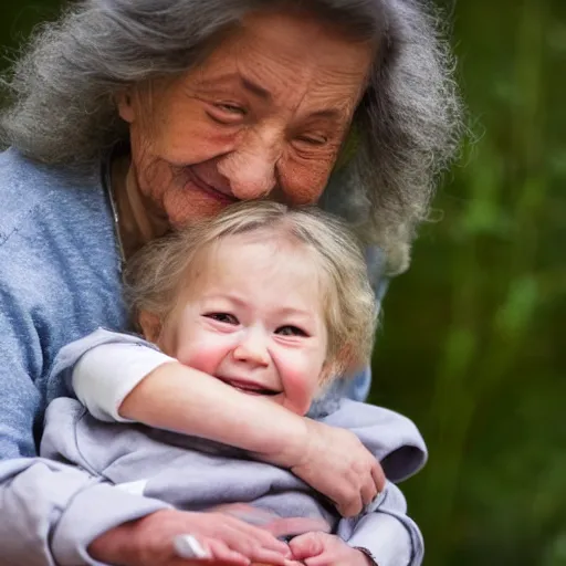 Image similar to An elderly lady has her little 3-year-old baby girl sitting on her lap. They are both happy.