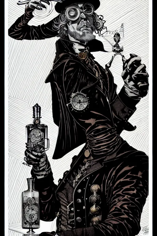 Image similar to side view of a majestic steampunk alchemist wizard holding a martini, high details, bold line art, by vincent di fate and joe fenton, inking, etching, screen print, masterpiece, trending on artstation, sharp, high contrast, hyper - detailed,, hd, 4 k, 8 k