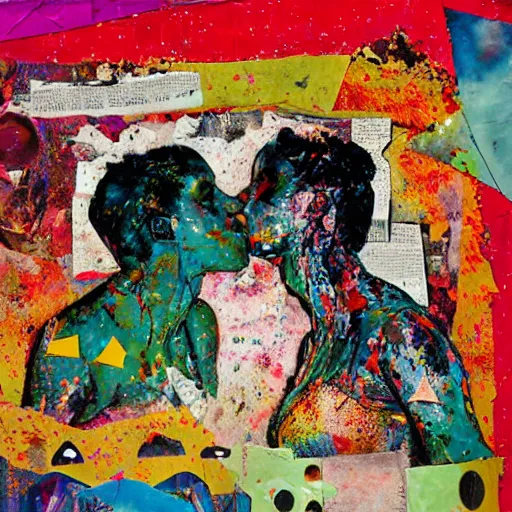 Prompt: two women kissing at a carnival in an alien world, mixed media collage, retro, paper collage, magazine collage, acrylic paint splatters, bauhaus, claymation, layered paper art, sapphic visual poetry expressing the utmost of desires by jackson pollock