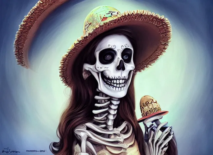 Prompt: cute & beautiful smiling undead skeleton girl wearing a sombrero, digital art, fantasy, painting, pin up, highly detailed, art by artgerm