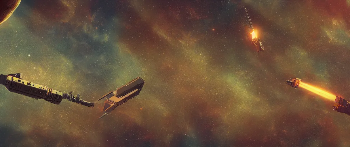 Image similar to illustration, a single small spaceship, deep space exploration, alone, the expanse tv series,industrial design, painted hull, hyperdetailed, the immensity of space, cinematic lighting, 4k, greebles, widescreen,  wide angle, sharp and blocky shapes, hubble photography, the final frontier, beksinski, neon lights