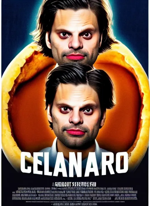 Image similar to highly detailed comedy caper movie poster with flan pudding faced sebastian stan as a sentient flan pudding, sebastian stan face made from flan pudding by greg rutkowski, masterpiece, 1 0 / 1 0