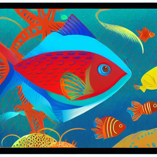 Image similar to one stylized fish with saturated colors viewed in profile in the ocean filled with very desaturated colors and complex sparkles and patterns, artstation, intricate, realistic, highly detailed, digital painting, concept art, sharp focus, illustration by tom whalen and charles williams and kilian eng and james jean