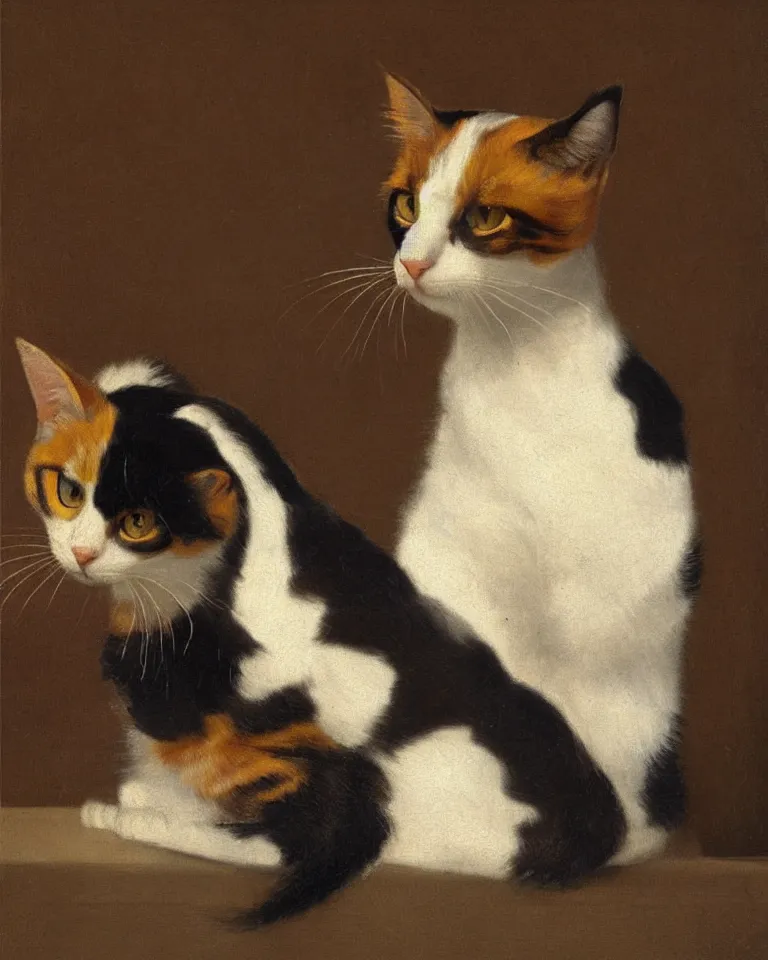 Prompt: studio portrait of a calico cat by vermeer.