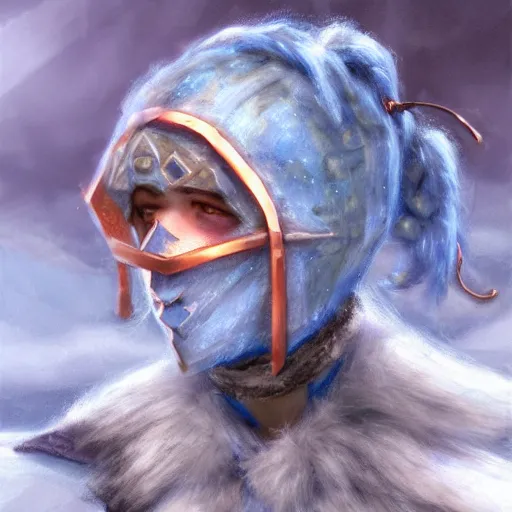 Image similar to bandit from ‘ icewind dale ’, with a frost blue gem mask lined with copper, ‘ icewind dale 2 ’ profile portrait by ‘ justin sweet ’, falling snow, soft focus, illustration, oil paint, artstation