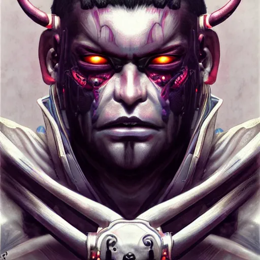 Prompt: portrait, cyberpunk japanese oni demon with horns, stern expression, cyberpunk 2 0 7 7, highly detailed, digital painting, artstation, concept art, smooth, sharp focus, illustration, artgerm, tomasz alen kopera, peter mohrbacher, donato giancola, joseph christian leyendecker, wlop, frank frazetta