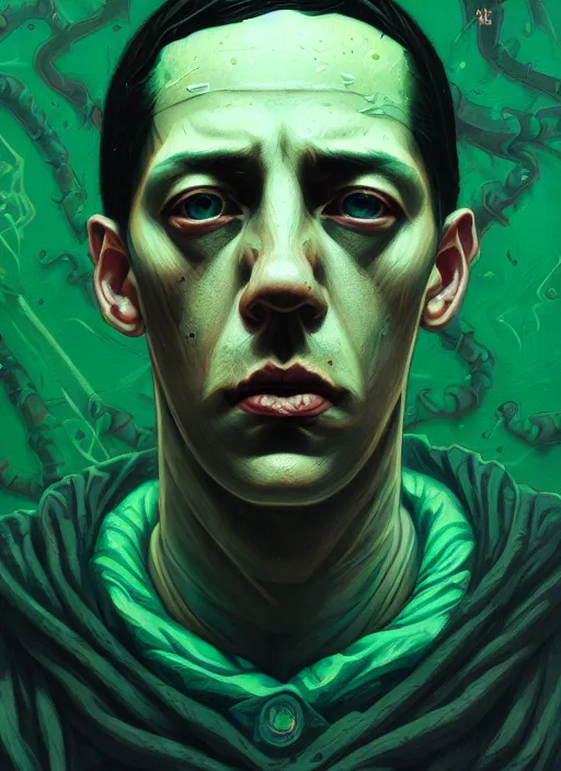 Image similar to hyper detailed ultra sharp h. p. lovecraft photorealistic portrait, somber melancholic aesthetic, masterpiece, elite, illustration, art by sachin teng, felix englund, organic matte painting, emerald color palette, hard edges, graffiti, street art 8 k