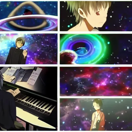 Image similar to anime of jacob collier on space playing saturn rings as a piano