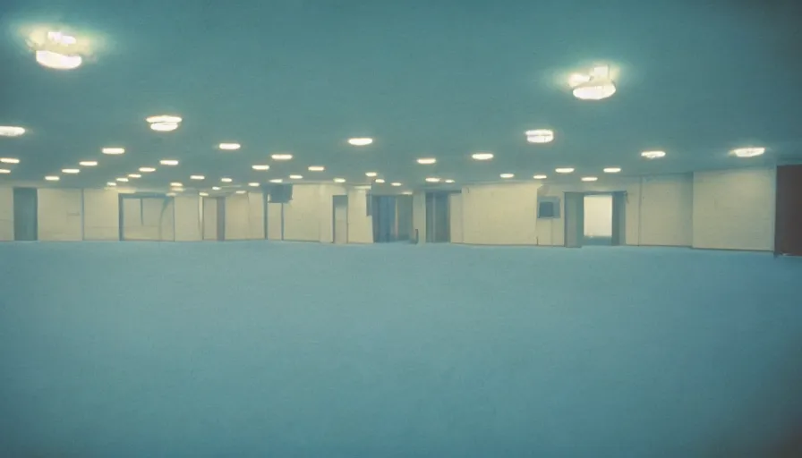 Image similar to 70s movie still of a ballroom with blue ceiling, cinestill 800t Technicolor, heavy grain, high quality, criterion collection, liminal space style