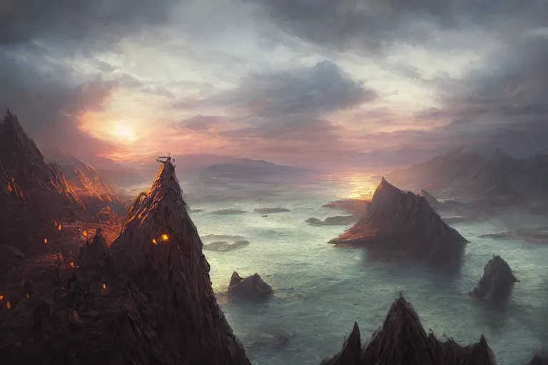 Prompt: high aerial shot, fantasy landscape, sunset lighting ominous shadows, cinematic fantasy painting, dungeons and dragons, coastline of fishing villages by jessica rossier and brian froud