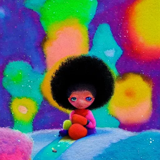 Image similar to a black girl with a colorful afro and big colorful eyes playing in the snow, bright colours, bokeh!! watercolor, volumetric wool felting, macro photography, children illustration, by goro fujita