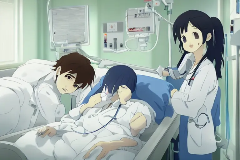 Image similar to a cute and beautiful young female doctor wearing white coat are taking care of a patient on a bed in a hospital ward, slice of life anime, anime scenery by Makoto shinkai