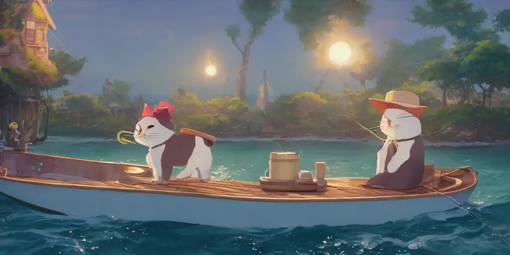 Image similar to a wholesome animation key shot of a cute cat on a fishing boat wearing a sunhat, studio ghibli, pixar and disney animation, sharp, rendered in unreal engine 5, anime key art by greg rutkowski, bloom, dramatic, dynamic lighting