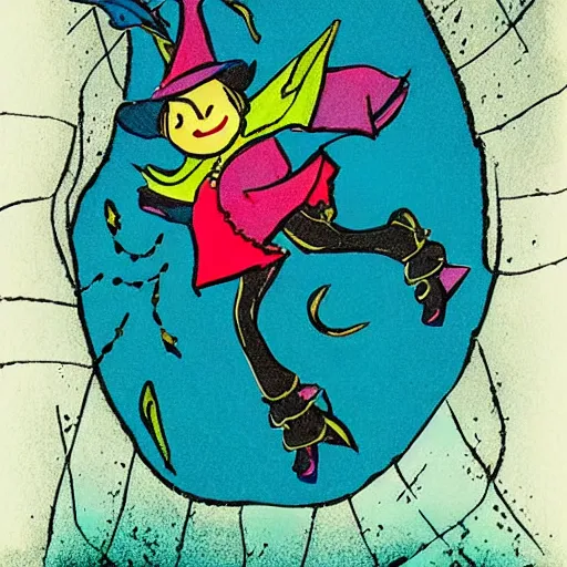 Image similar to colorful printmaking of a witch flying