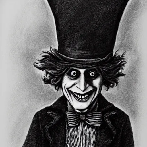 Image similar to horrifying charcoal drawing of the mad-hatter-willie-wonka-babadook