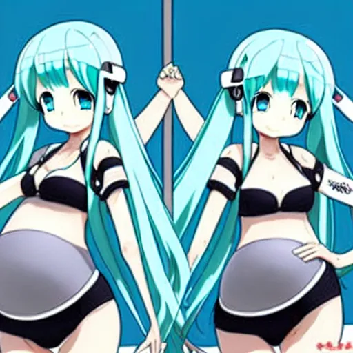 Image similar to hatsune miku pregnant with triplets at 4 0 weeks, baby movings in belly, anime art, trending on pixiv