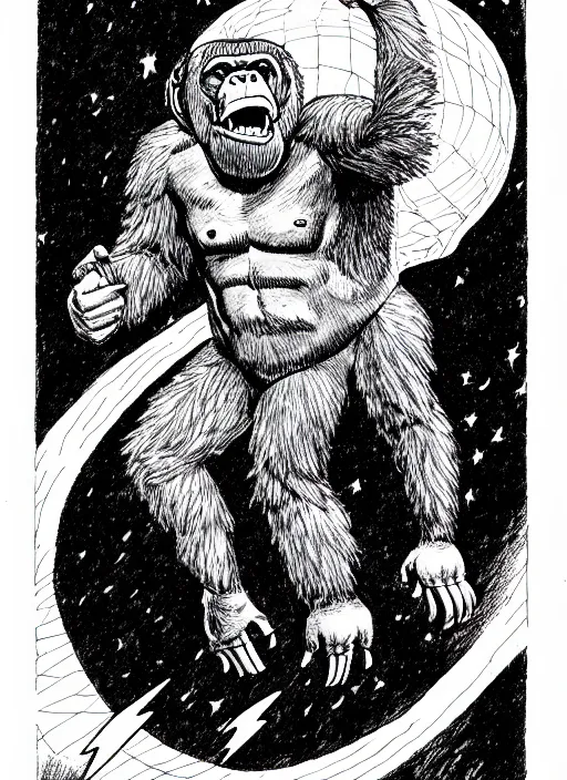 Image similar to a gorilla wearing a space helmet throwing lightning from his hands, as a d & d monster, full body, pen - and - ink illustration, etching, by russ nicholson, david a trampier, larry elmore, 1 9 8 1, hq scan, intricate details, inside stylized border