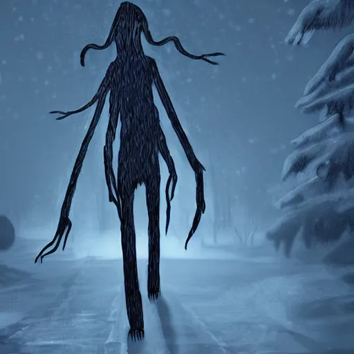 Image similar to detailed digital art of a pale, scrawny wendigo; until dawn; snow; dark, horrifying