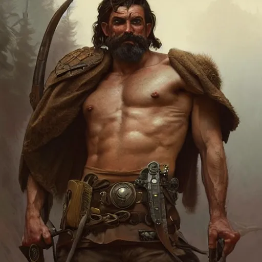 Image similar to portrait of a rugged ranger with exposed muscular thighs, hairy torso, D&D, fantasy, intricate, elegant, highly detailed, digital painting, artstation, concept art, matte, sharp focus, illustration, art by Artgerm and Greg Rutkowski and Alphonse Mucha