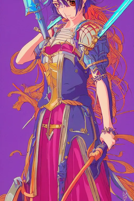 Prompt: medieval fantasy heroine detailed by Studio 4°C yuya nagai jean giraud makoto shinkai, kawaii, vibrant bright colors,matte, high saturation, fantasy, 1980s