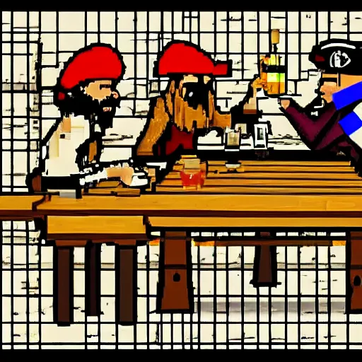 Image similar to Three important pirates drinking grog in a tavern table 16 bit computer art