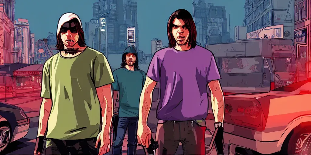 Prompt: Orelsan GTA V loading screen illustration in the style of Stephen Bliss, trending on artstation