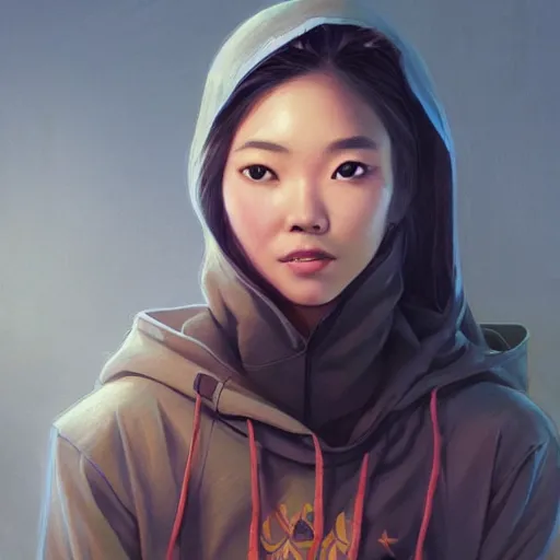 Prompt: a beautiful Filipina-Chinese woman wearing a UCR hoodie and shorts, portrait, highly detailed, digital painting, artstation, concept art, sharp focus, illustration, cinematic lighting, art by artgerm and greg rutkowski and alphonse mucha