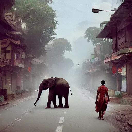 Prompt: An elephant walking down a street in Guwahati city. By Greg Rutkowski, trending on ArtStation