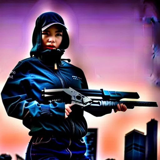 Prompt: photographic portrait of a techwear woman holding a shotgun, closeup, on the rooftop of a futuristic city at night, sigma 85mm f/1.4, 4k, depth of field, full color, Die Hard, movies with guns, movie firearms