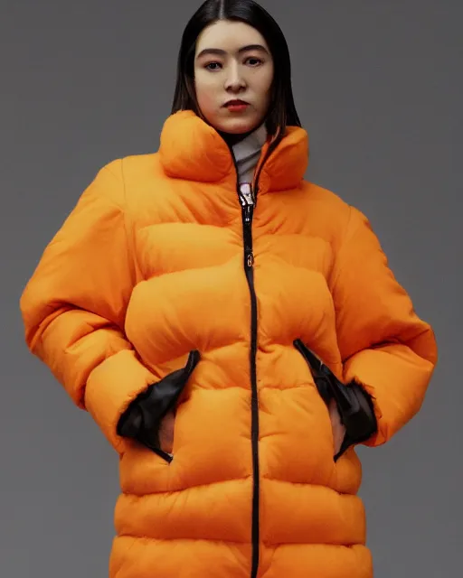 Prompt: a puffy and oversized winter jacket mango fruit jacket, worn by a very thin woman, designed by virgil abloh and wes anderson, photorealistic, modern