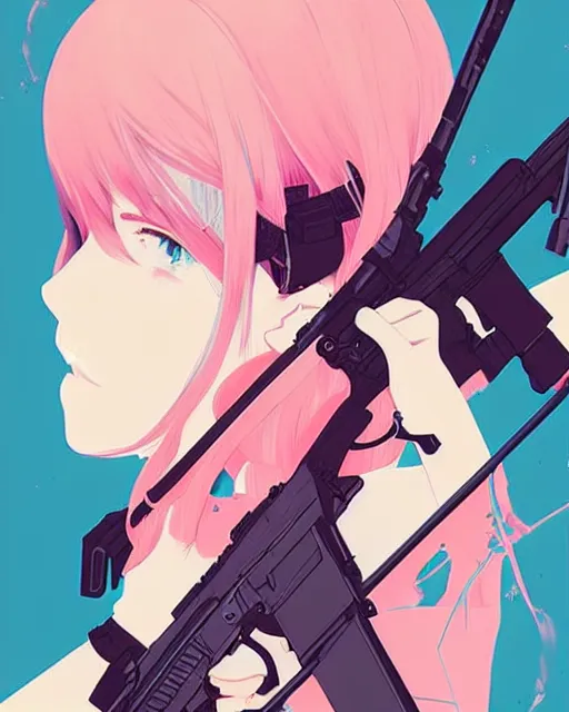 Image similar to girl with tactical gear, very anime!!! anime!! intricate details, aesthetically pleasing pastel colors, poster background, aesthetic details, art by conrad roset and ilya kuvshinov