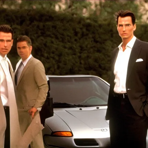 Prompt: Patrick Bateman standing next to his white Acura Honda NSX movie still from American Psycho mid day screenshot