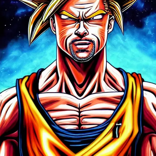 Prompt: Painting of Brad Pitt going Super Saiyan, fantasy artwork, official, hyper detailed, character dragonball, award winning artwork