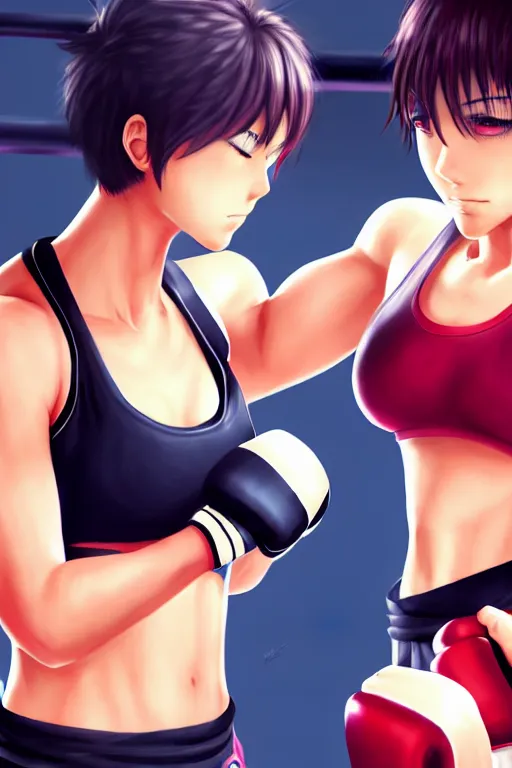 Image similar to two beautiful female fighters with short hair facing each other in the gym, gorgeous features, high definition, sharp focus, detailed anime art, pixiv