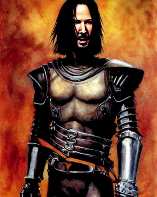 Image similar to portrait of a skinny punk keanu reeves wearing armor by simon bisley, john blance, frank frazetta, fantasy, thief warrior