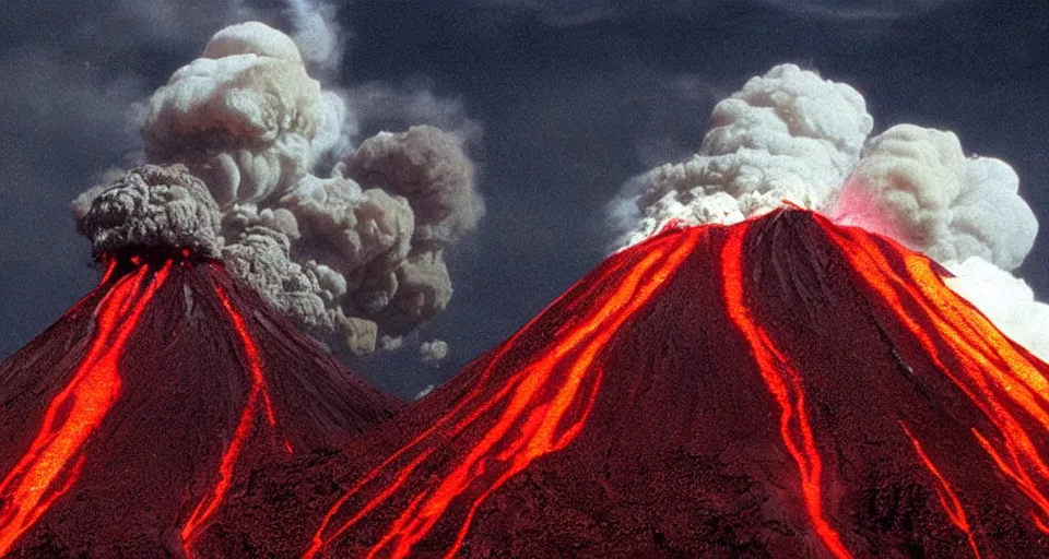 Prompt: a volcano made of ivory vines and crimson rocks enters in eruption, it spits a smoke in the shape of demonic eye, by Hideaki anno