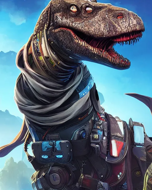 Prompt: Trex as an Apex Legends character digital illustration portrait design by, Android Jones detailed, gorgeous lighting, wide angle action dynamic portrait