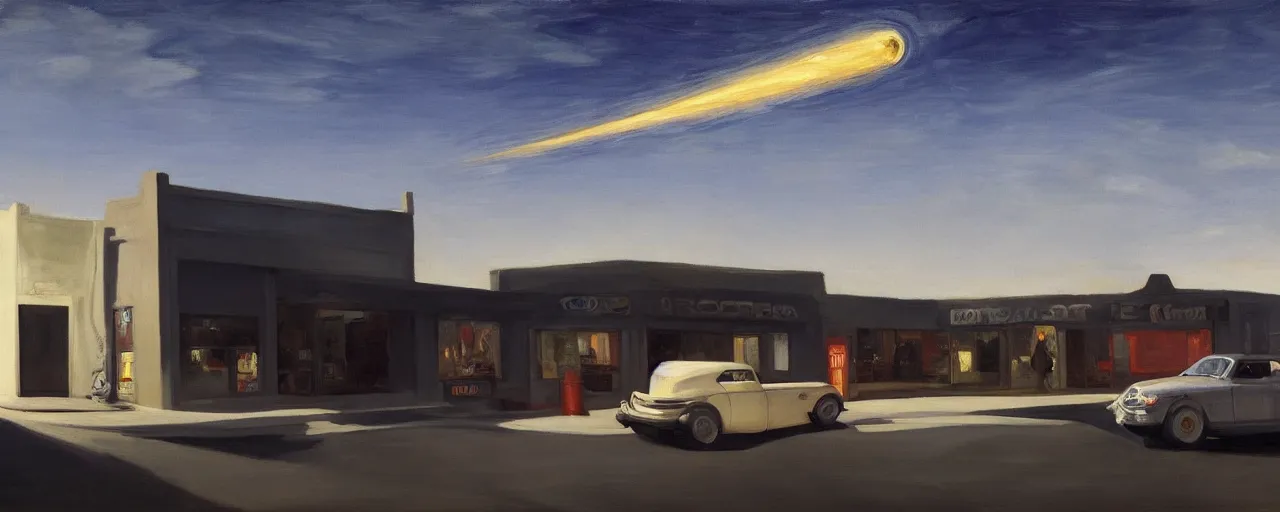 Image similar to car outside drugstore with giant meteor streaking through sky, by edward hopper, by, by theodore gericault, dark, unsettling, unreal engine 4 k hd masterpiece trending on artstation, nightcafe, mysterious, drab, dystopian