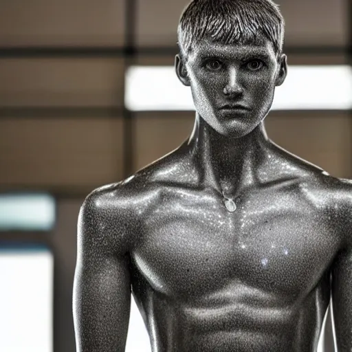 Image similar to a realistic detailed photo of a guy who is an attractive humanoid who is half robot and half humanoid, who is a male android, soccer player martin ødegaard, shiny skin, posing like a statue, blank stare, by the pool, on display, showing off his muscles, humanoid robot, frozen ice statue