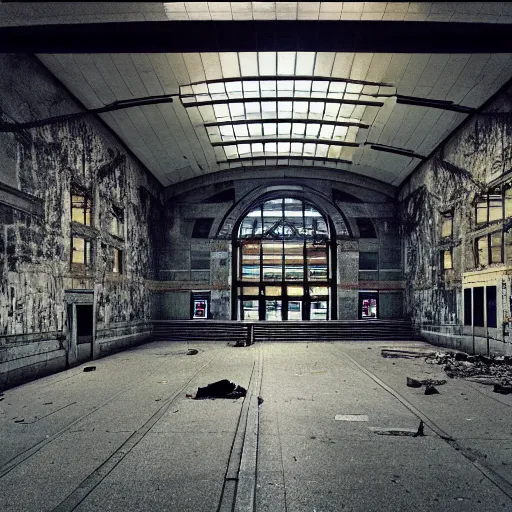 Image similar to “photograph of an abandoned penn station, dusty, dark, liminal space, high res, high quality”