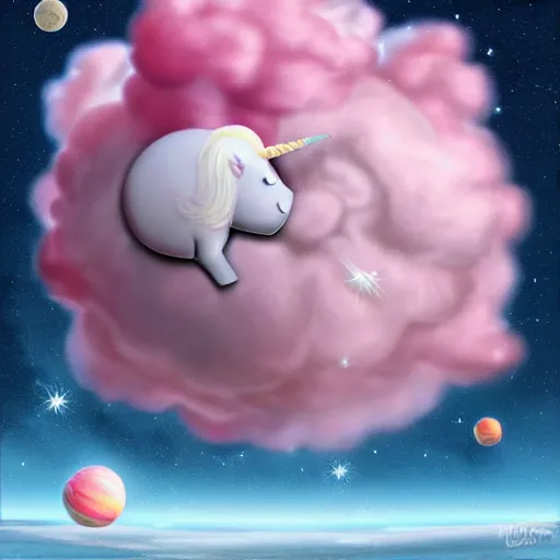 Image similar to a giant pink fat unicorn eating jupiter like cotton candy, digital art, highly detailed