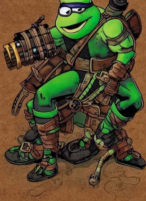 Image similar to photo of a steampunk teenage mutant ninja turtle