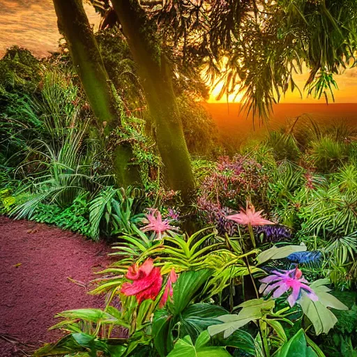 Prompt: an enchanted forest full of beautiful tropical flowers, with a sunset, by alex horley, bokeh photography, amaranth colour