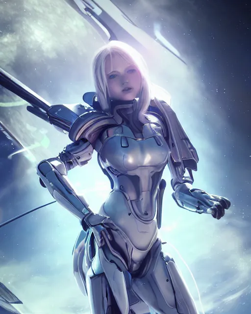 Image similar to perfect android girl on a mothership, warframe armor, beautiful face, scifi, futuristic, galaxy, nebula, raytracing, dreamy, long white hair, blue cyborg eyes, sharp focus, cinematic lighting, highly detailed, artstation, divine, by gauthier leblanc, kazuya takahashi, huifeng huang