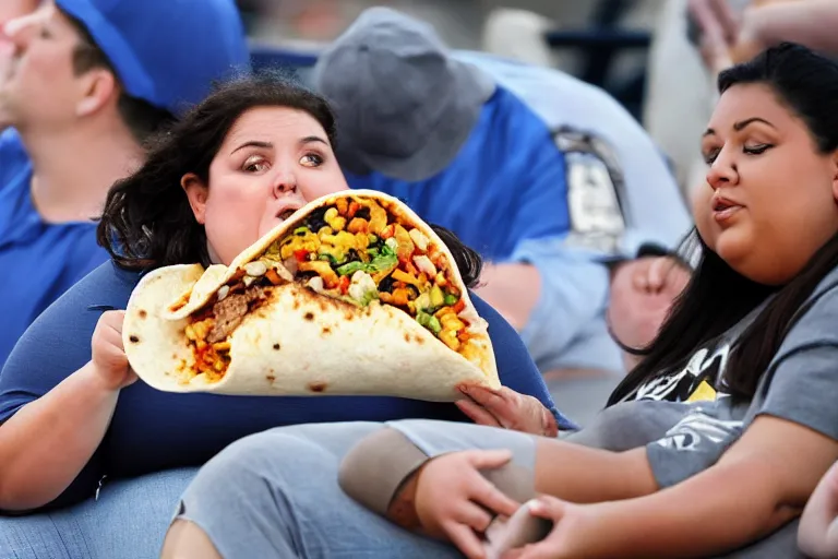 Image similar to obese woman eating a giant burrito sitting at a baseball game, photograph,