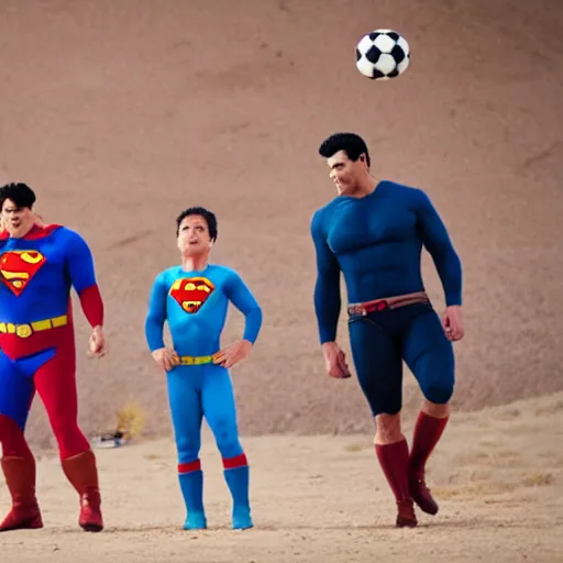 Image similar to supermen and hulk playing soccer together at desert