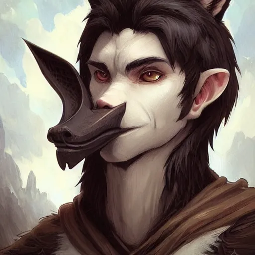 Image similar to 3/4 headshot of cute anthro wolf man, D&D, handsome, fantasy, intricate, long snout, donkey ears, fursona, black hair, elegant, highly detailed, digital painting, artstation, concept art, smooth, sharp focus, illustration, art by artgerm and greg rutkowski and alphonse mucha