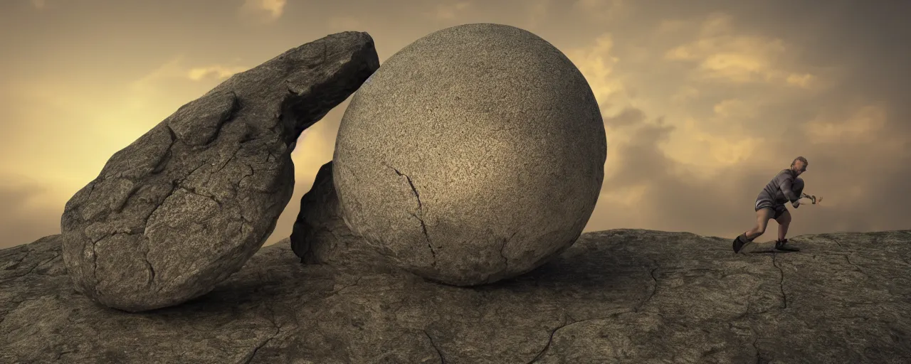 Image similar to Sisyphus pushing a stone up a mountain, the stone is round, the stone is rolling up, the mountain is steep, melancholic mood, photo realistic, 8k, HDR, ultra detailed, trending on artstation