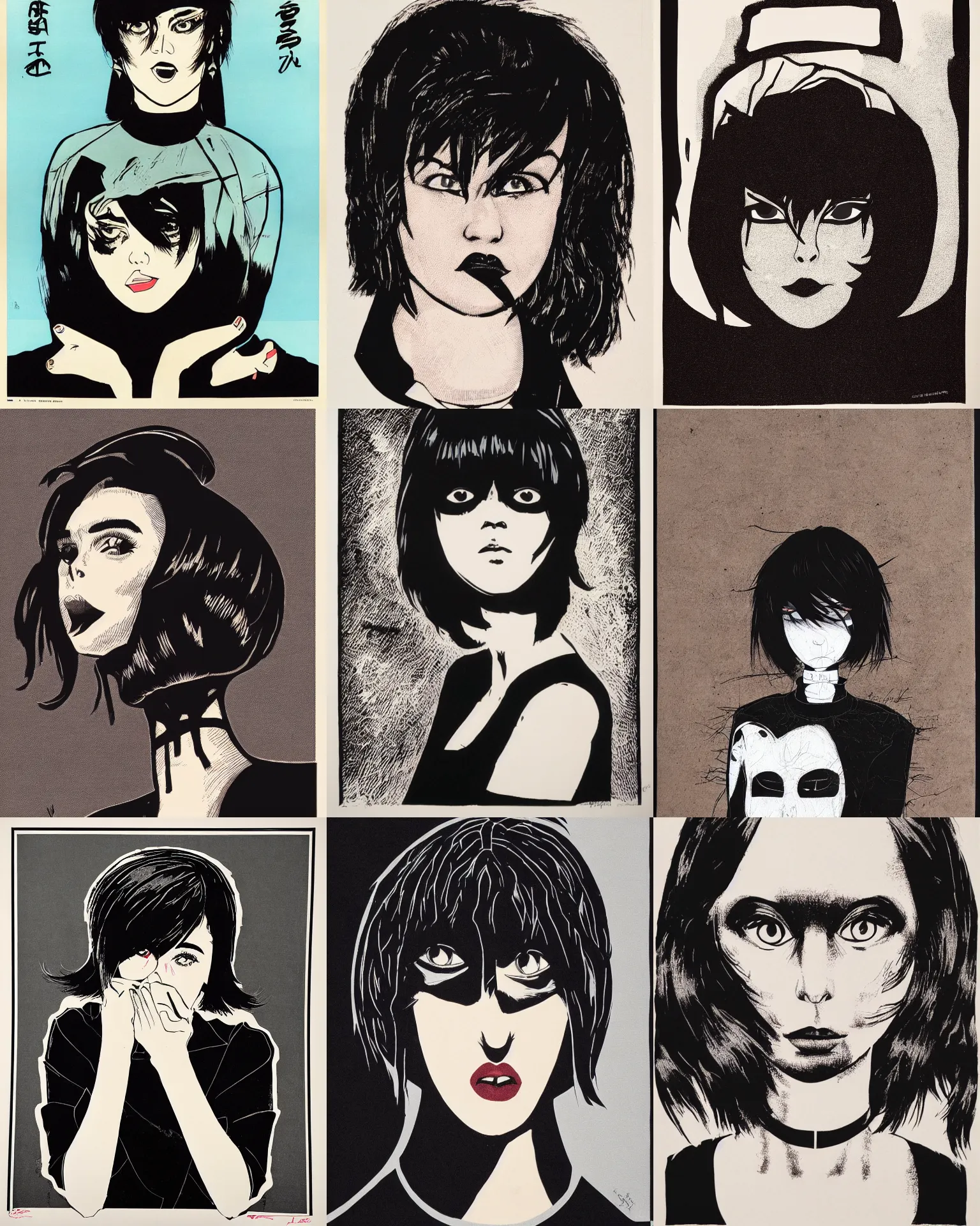 Prompt: A silkscreen print serigraph. Her hair is dark brown and cut into a short, messy pixie cut. She has a slightly rounded face, with a pointed chin, large evil eyes with entirely-black sclerae!!, and a small nose. She is wearing a black leather jacket, a black knee-length skirt, a black choker, and black leather boots.